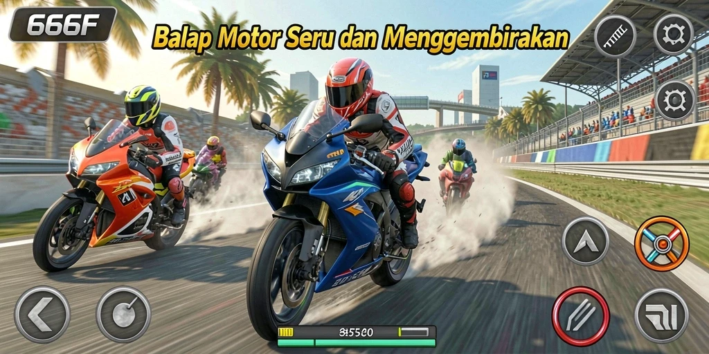 Tampilan gameplay balap motor yang mendebarkan di 666F.