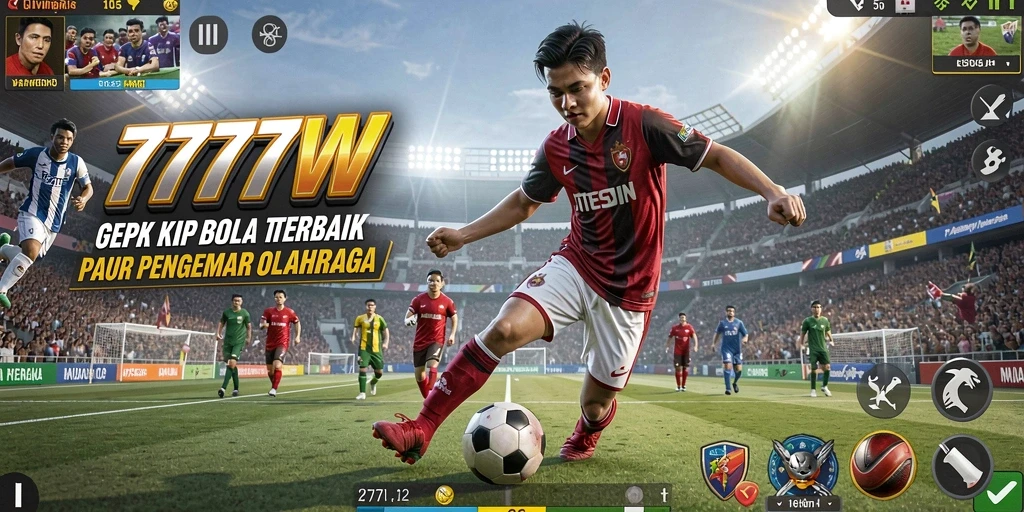 Screenshot gameplay 7777W menunjukkan aksi sepak bola yang intens.