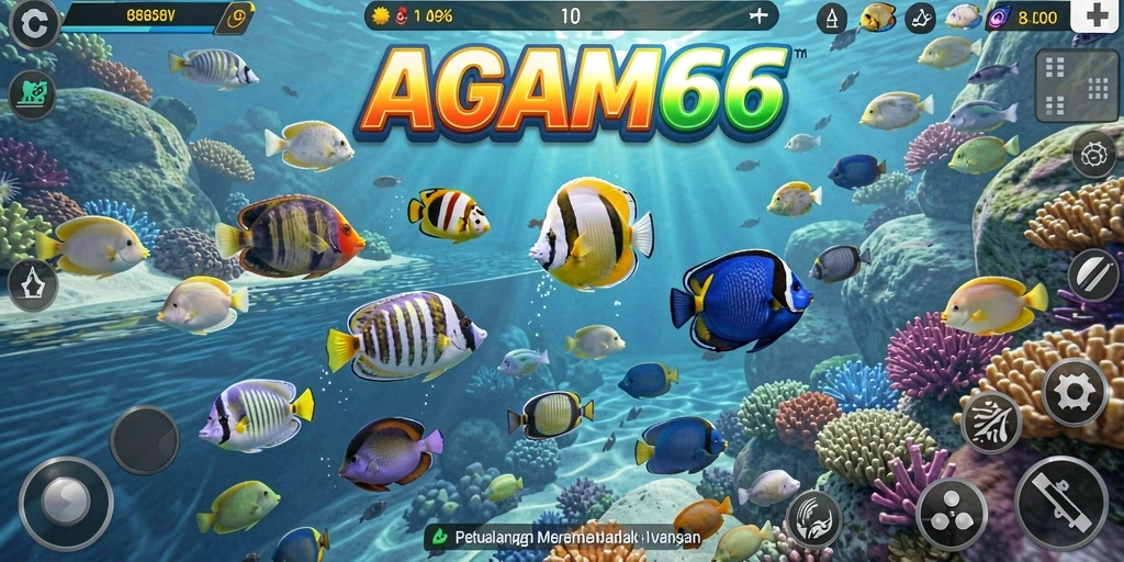 Tangkapan layar AGAM66 menunjukkan aksi seru menembak ikan di bawah laut.