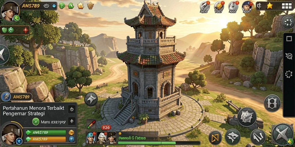 Screenshot gameplay menunjukkan menara dan musuh dalam aksi epik.