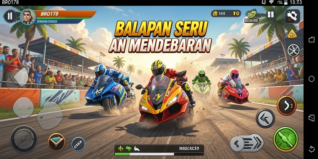 Screenshot utama BRO178 menampilkan aksi balapan yang mendebarkan.