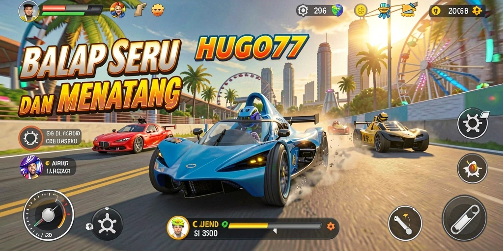 Tangkapan layar HUGO77 menampilkan aksi balapan mendebarkan di lintasan.