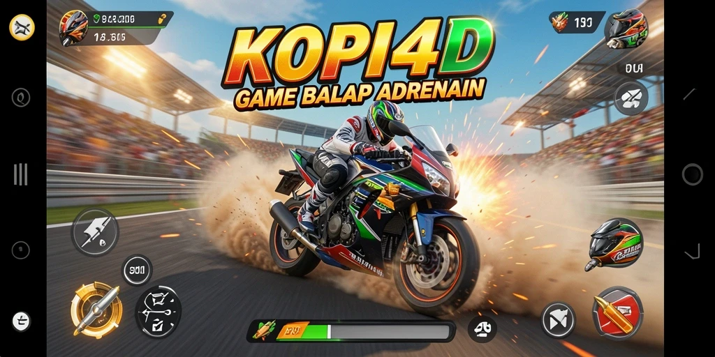 Tampilan gameplay KOPI4D dengan aksi balap motor yang mendebarkan.