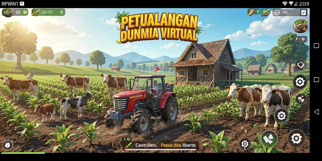 Gameplay seru RPWIN1 menampilkan aktivitas bertani dan pengelolaan lahan.