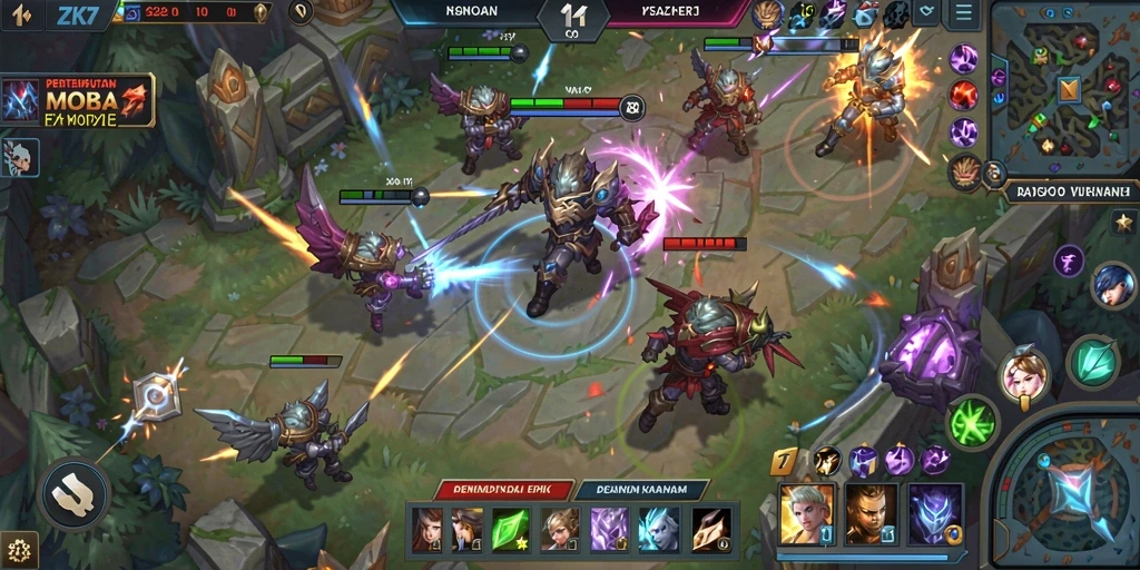 Tangkapan layar dari gameplay ZK7 yang menampilkan aksi MOBA yang mendebarkan.